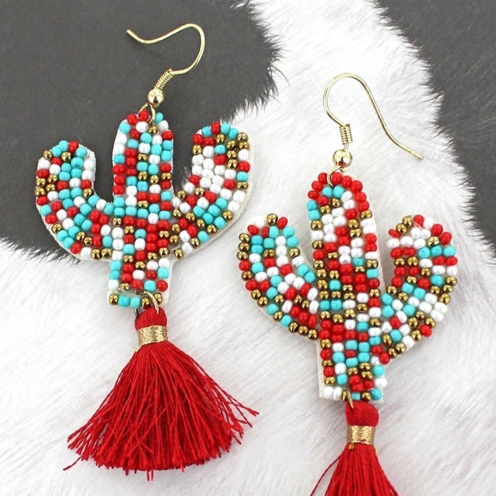 TURQUOISE AND RED SEED BEAD CACTUS TASSEL EARRINGS‎